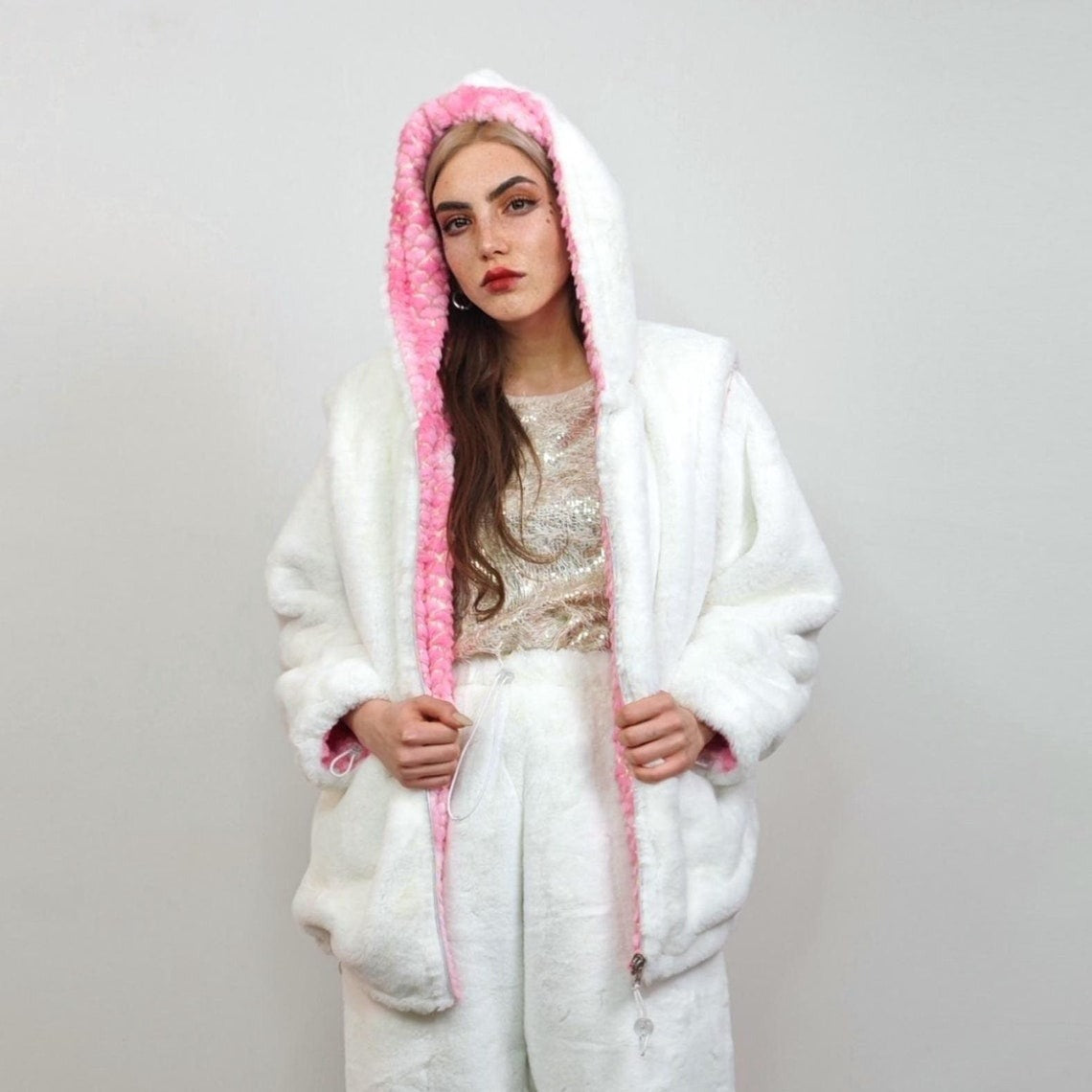 Reversible fleece jacket cream tie-dye bomber pink hood faux fur retro geometric coat detachable sleeve overcoat fluffy golden festival set