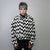 Striped fleece jacket zigzag catwalk bomber geometric fluffy varsity contrast pattern aviator hard fleece grunge coat in black & white