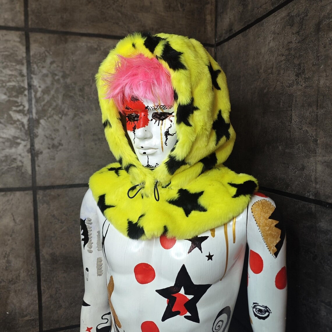 Star print hood yellow faux fur snood handmade hooded hat ski cap allover fluffy fleece scarf unisex bucket grunge winter festival headwear