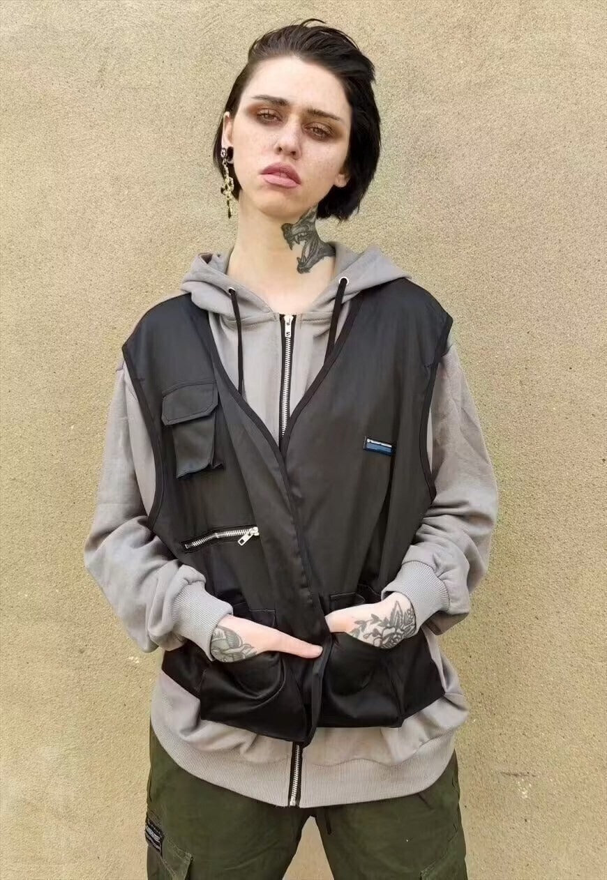 2 in 1 Drop shoulder hoodie utility cargo vest set in grey