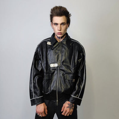 Faux leather racing jacket contrast stitching biker jacket premium rocker varsity 80s motorcycle college bomber metal buckle coat in black