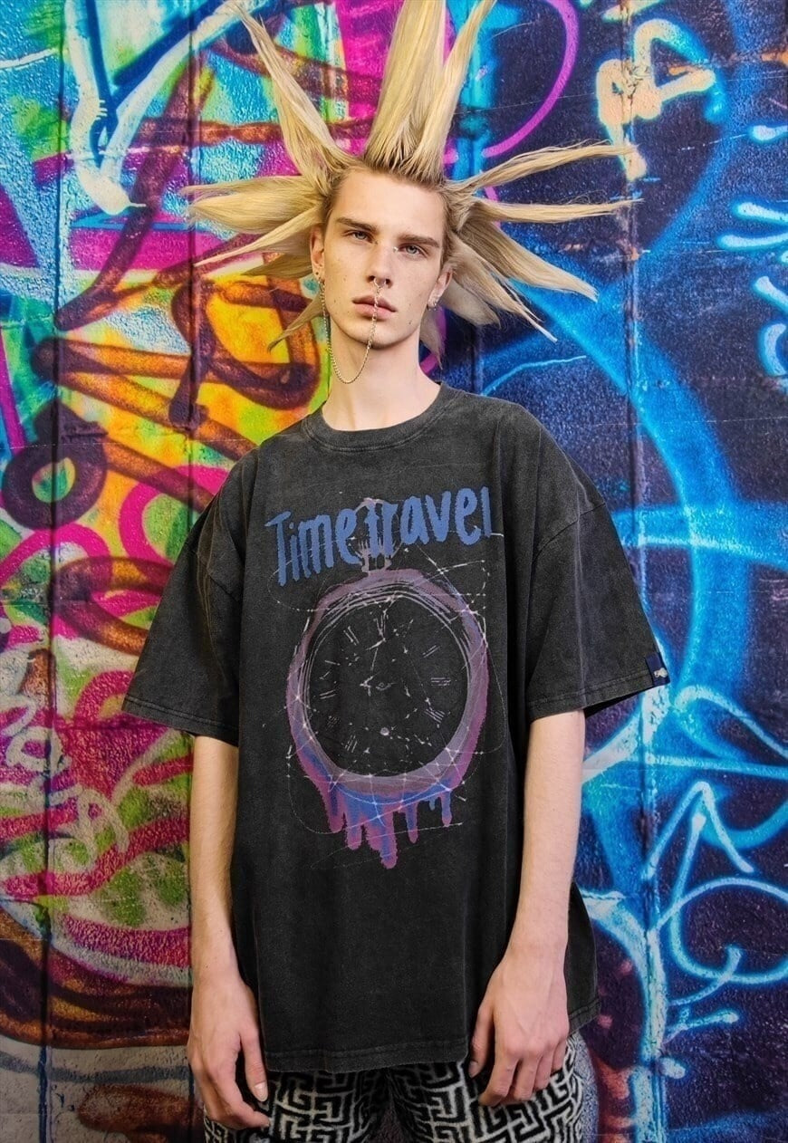 Time travel t-shirt premium vintage wash grunge tee in grey