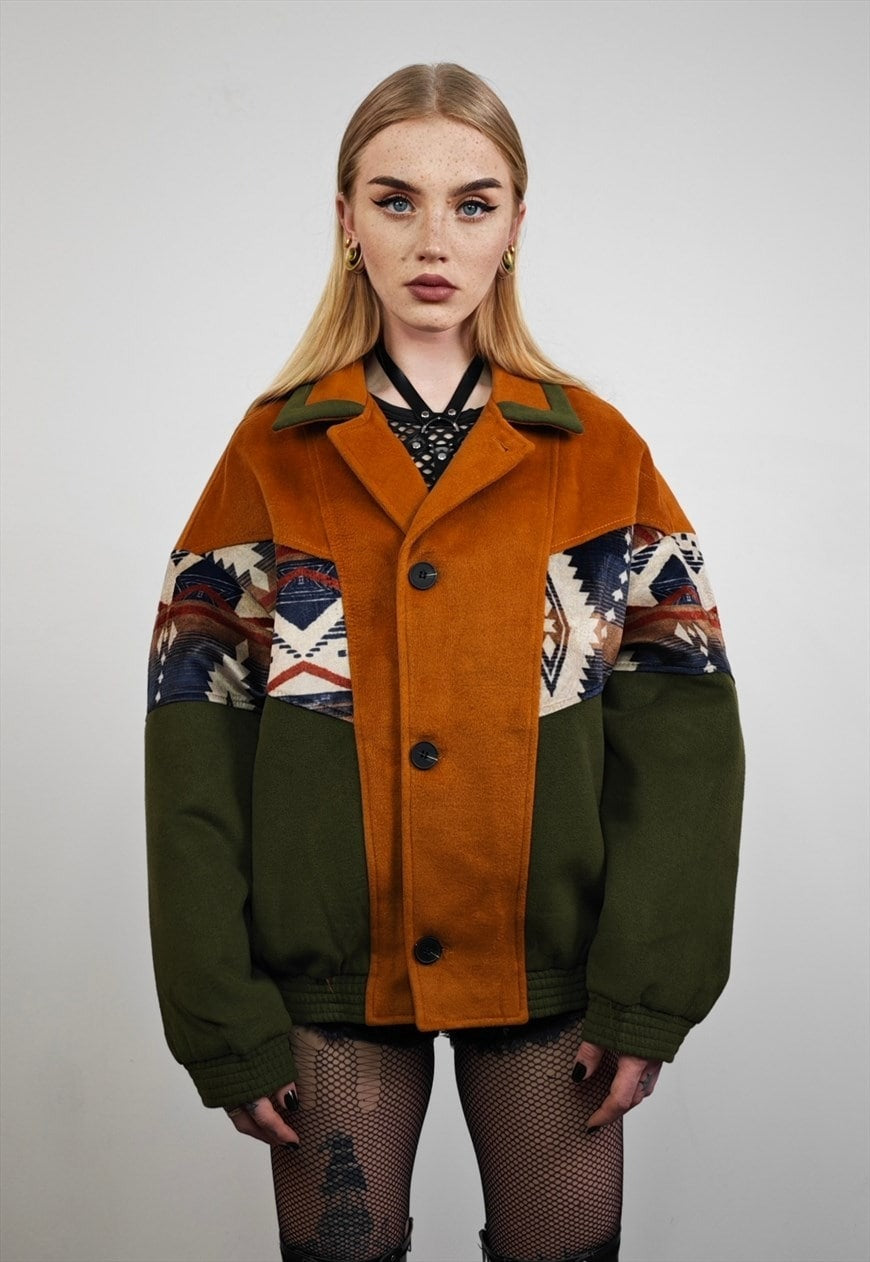 Native varsity jacket green suede feel retro Aztec bomber