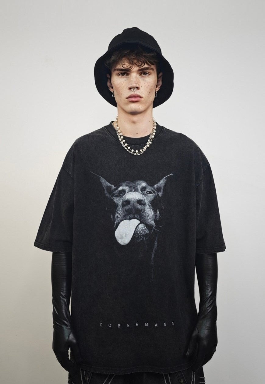 Dobermann t-shirt Pinscher tee dog print top in vintage grey