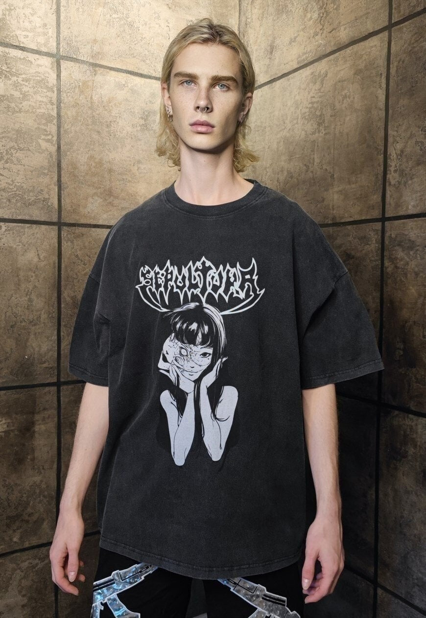 Anime t-shirt premium vintage wash grunge tee in grey