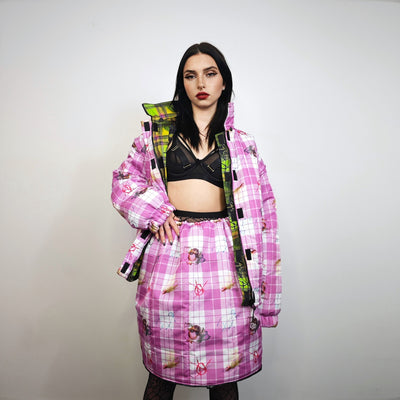 Pink tartan skirt quilted doll print reversible bottoms punk puffer skirt anarchy plaid pants rocker two sided joggers handmade checked kilt