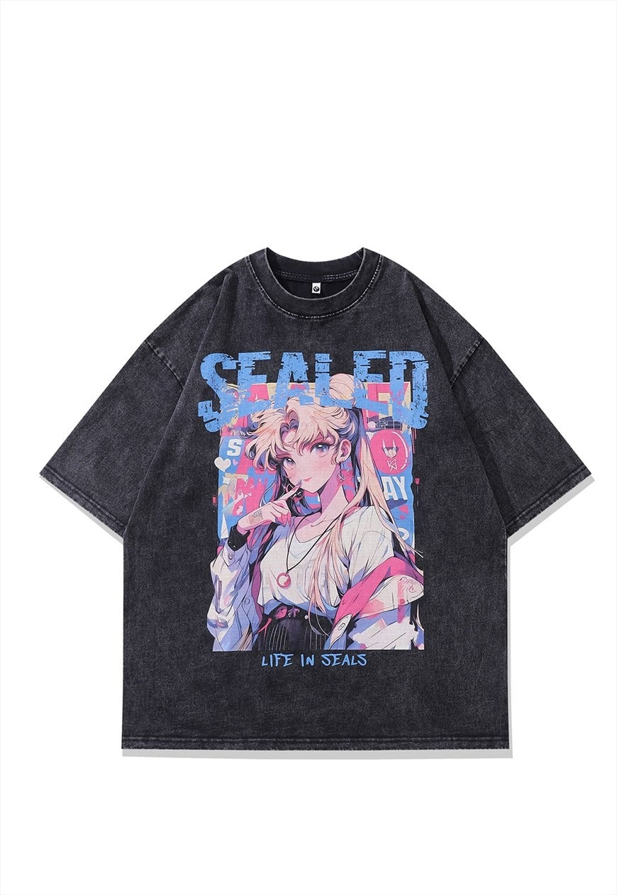 Anime print t-shirt Japanese tee retro top grey