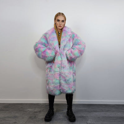 Candy faux fur long coat unicorn trench neon raver bomber fluffy tie-dye fleece psychedelic festival jacket burning man going out coat pink