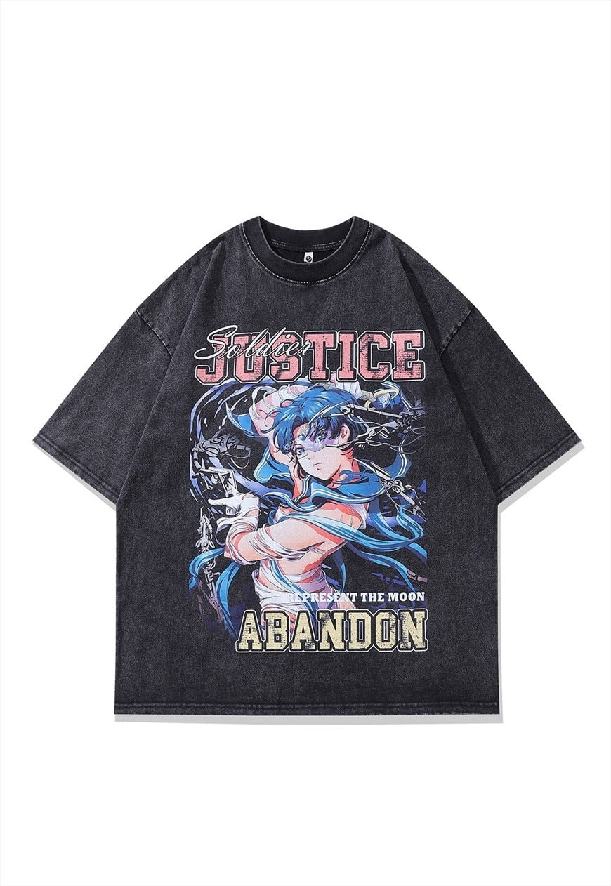 Anime t-shirt print tee retro Japanese top grey