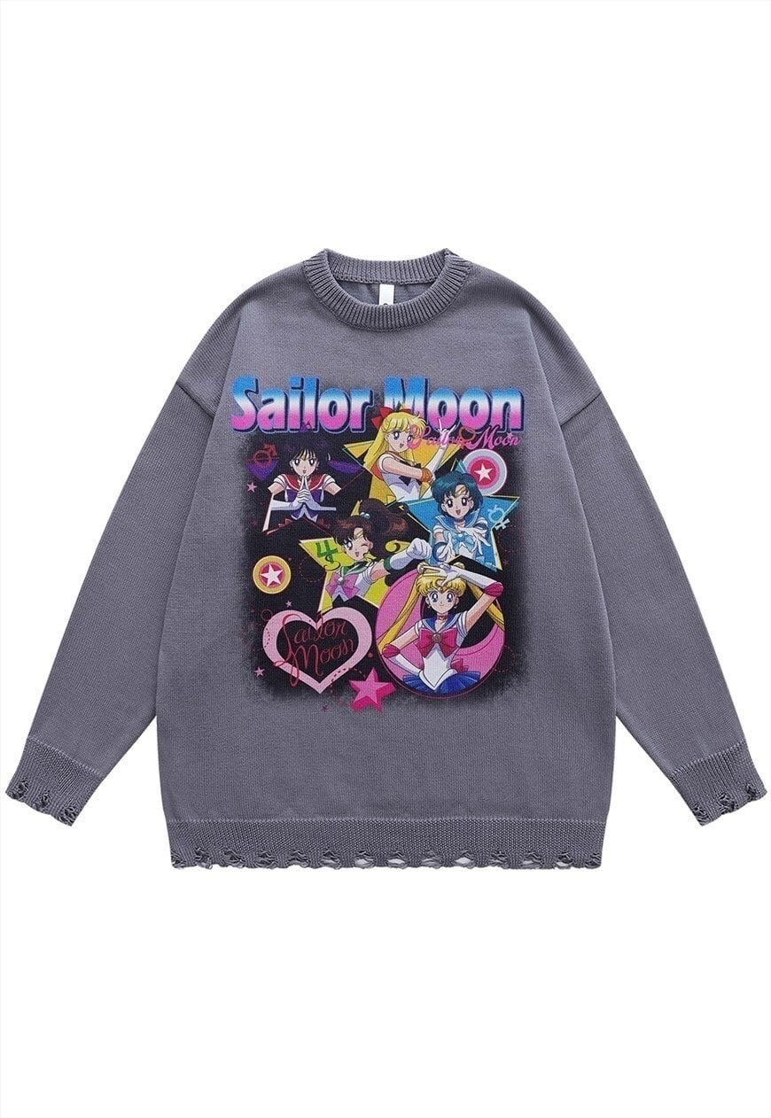 Anime sweater jumper ripped knitted top in grey