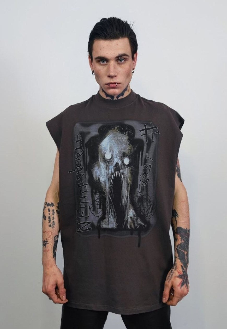 Scary sleeveless t-shirt creepy print tank top surfer vest