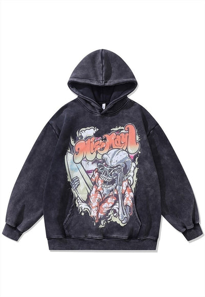 Surfer print hoodie skeleton pullover creepy cartoon jumper