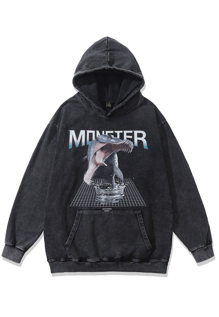 Monster print hoodie dinosaur pullover creepy top in grey