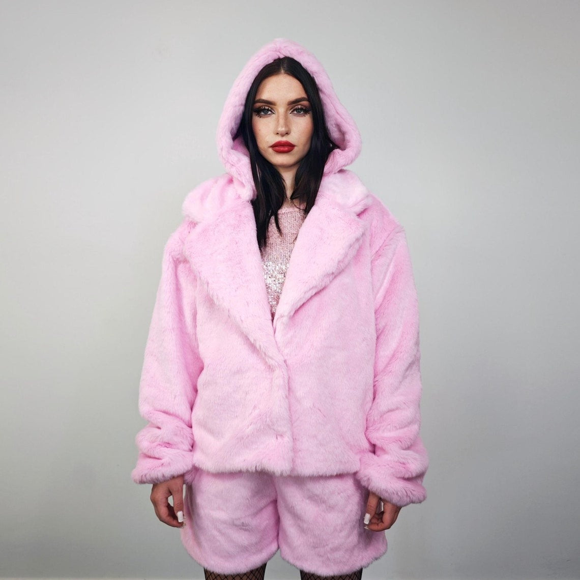 Short faux fur coat pastel pink fuzzy trench hairy crop jacket detachable sleeves handmade solid pattern party overcoat fluffy festival set
