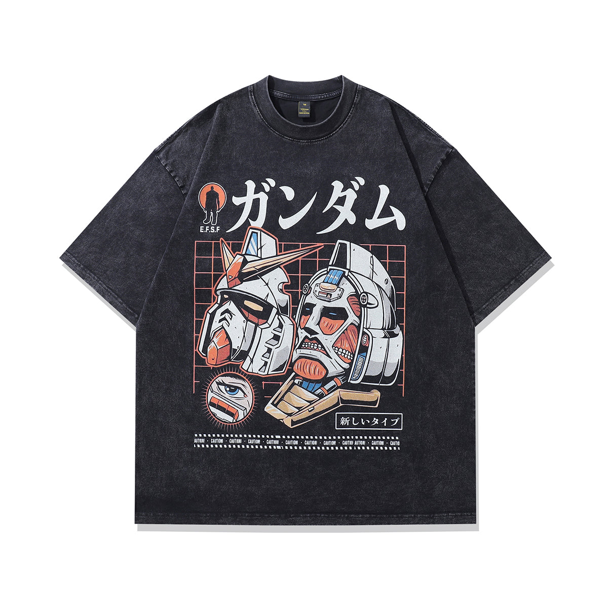 Robot print t-shirt anime tee retro Japanese top in vintage grey