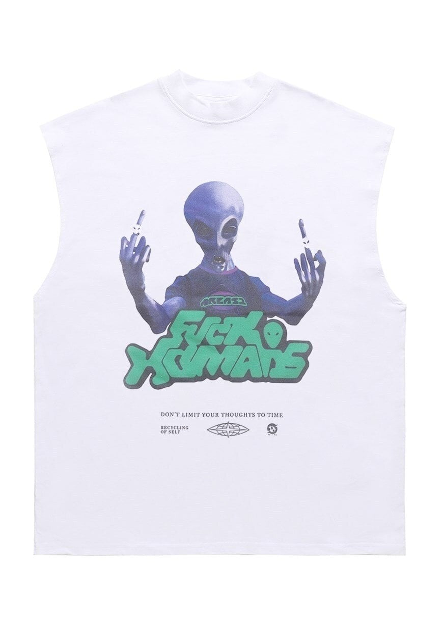 Alien print tank top surfer vest retro UFO sleeveless tshirt