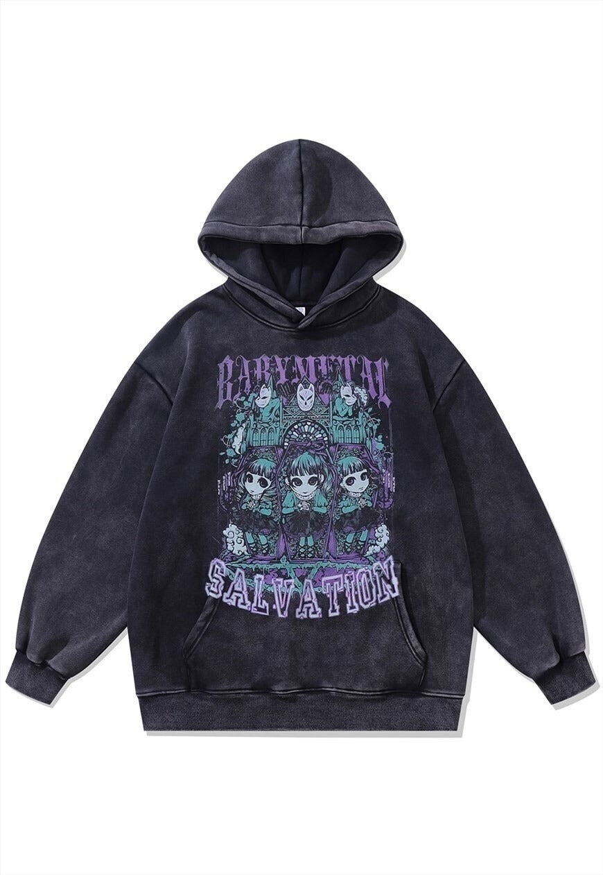 Creepy cartoon hoodie Gothic pullover anime jumper in grey