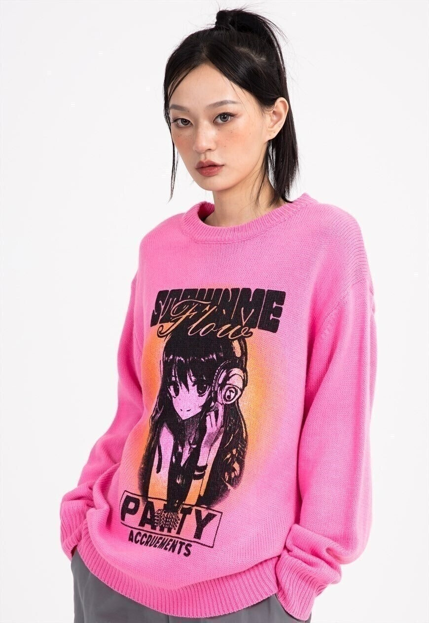 Anime sweater grunge slogan knitted jumper Kawaii top pink