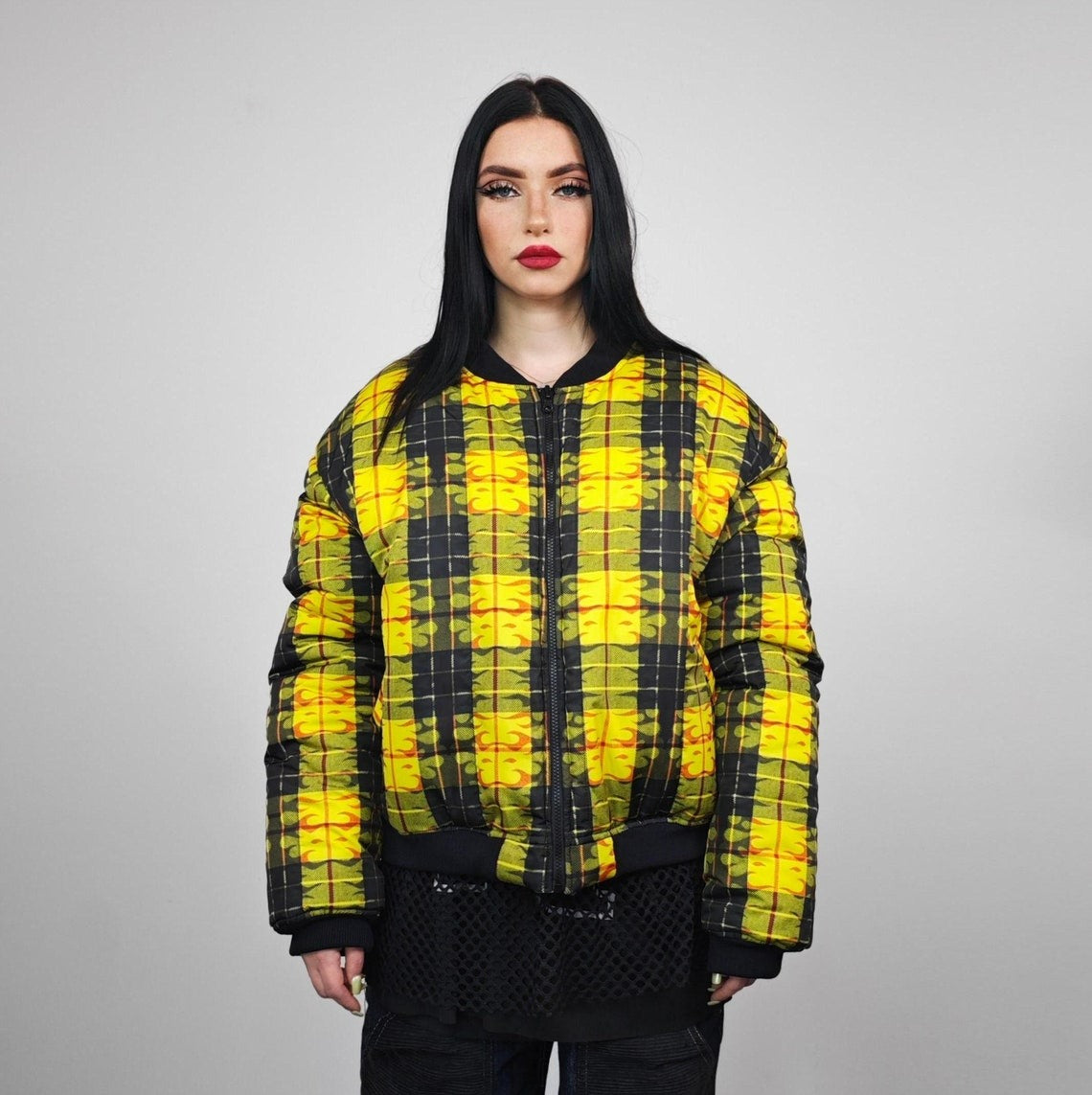 Flame bomber check yellow jacket thunder print reversible college varsity detachable sleeves handmade clueless plaid puffer grunge rock coat