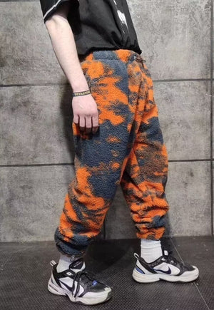 Gradient fleece joggers handmade retro camo overalls orange