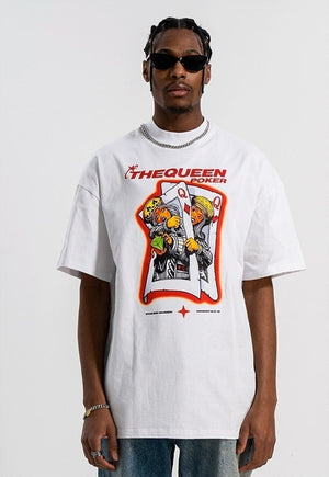 Poker game t-shirt raver print tee hip-hop top in white