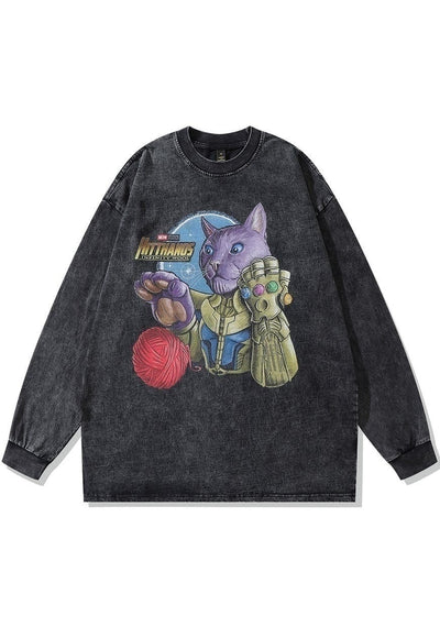 Space cat t-shirt retro Japanese cartoon long tee retro top