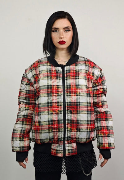 Tartan check varsity jacket red tie-dye reversible bomber