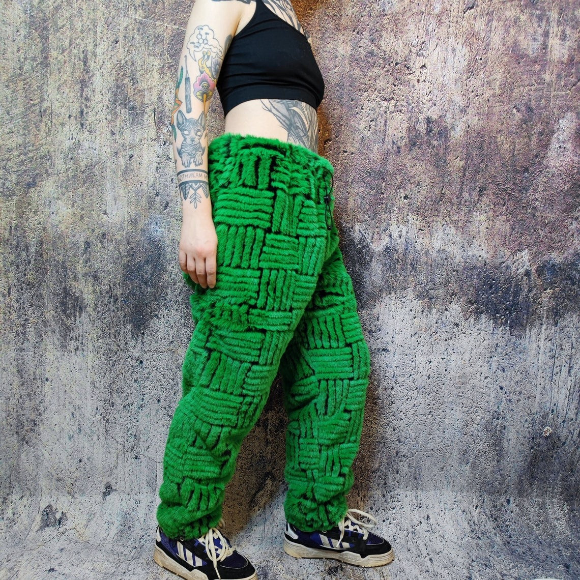 Faux fur joggers luxury detachable party pants handmade stripe pattern shorts fluffy check premium festival overalls in green black