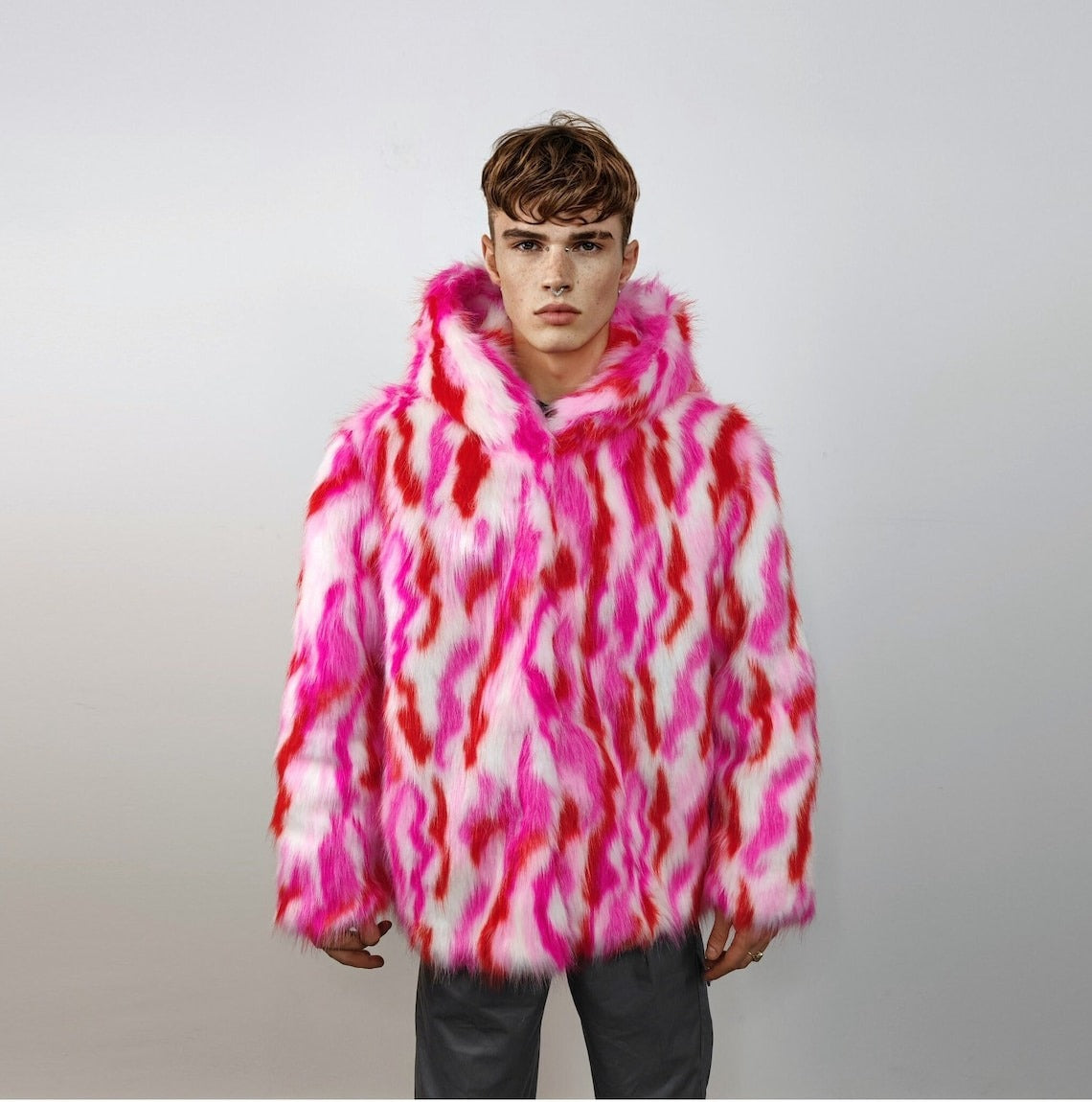 Hooded faux fur striped jacket zebra bomber neon raver coat fluffy tie-dye fleece festival puffer burning man going out overcoat red pink