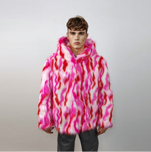 Hooded faux fur striped jacket zebra bomber neon raver coat fluffy tie-dye fleece festival puffer burning man going out overcoat red pink