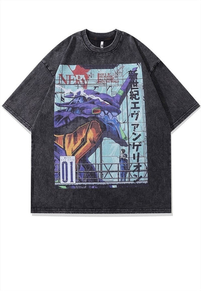 Japanese cartoon t-shirt Anime print tee in vintage grey