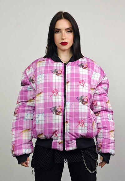 Punk varsity jacket pink plaid check reversible rave bomber