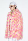 Shaggy faux fur coat pink orange fuzzy aviator raver bomber