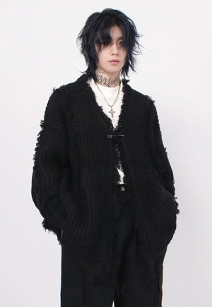 Ripped cardigan stripe texture jumper knitted punk top black