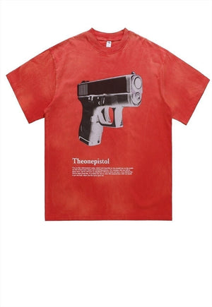 Pistol t-shirt retro gun print tee grunge punk top in red