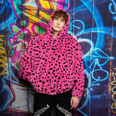 Leopard fleece jacket handmade detachable neon fluffy geometric bomber faux fur animal print coat in 2 in 1 festival jacket pink black