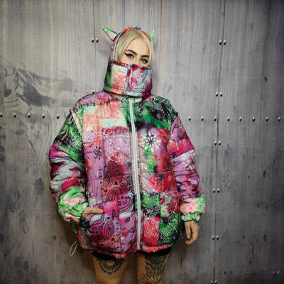 Tie-dye paisley bomber handmade detachable bandanna puffer devil horn jacket skeleton print coat in reversible jacket rainbow pink green