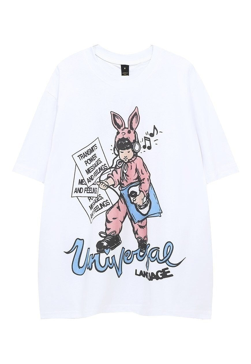 Bunny print t-shirt Anime tee retro cartoon top in white