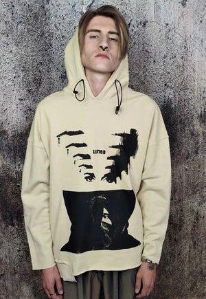 Unusual stitching hoodie Creepy eye punk pullover in cream