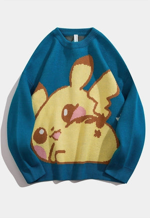 Pikachu print sweater Pokemon cartoon knitwear jumper blue