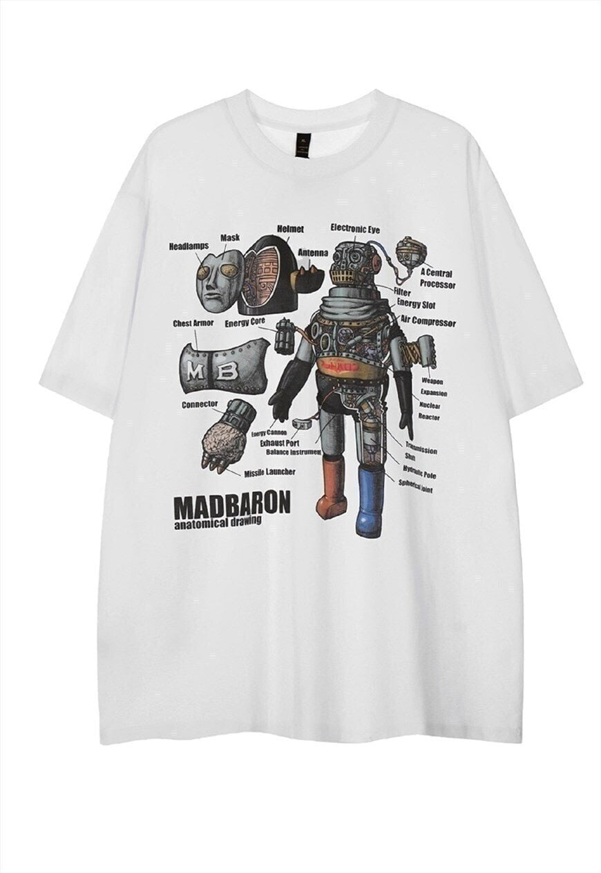 Robot print t-shirt cyber punk tee anatomy retro top white