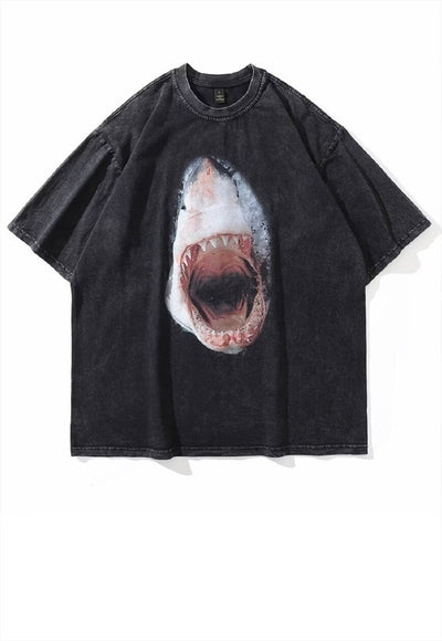 Shark print t-shirt jaw movie tee sea top in vintage grey