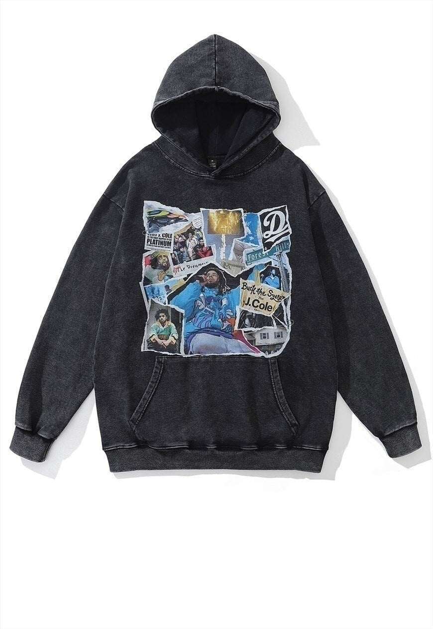 Rapper hood Y2K J Cole top retro pullover in vintage grey