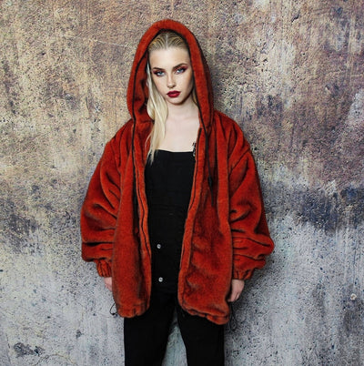 Luxury faux fur jacket handmade premium festival fleece coat fluffy hooded bomber grunge varsity tie-dye puffer in black red