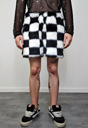 Checked faux fur shorts black white fuzzy cropped pants