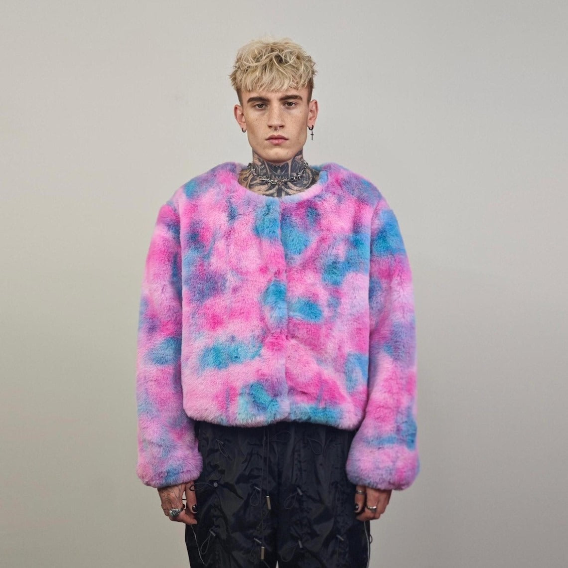 Pink tie-dye fleece coat short abstract collarless jacket gradient trench fluffy detachable sleeves handmade festival overcoat burning man