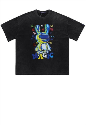 Rabbit print t-shirt punk graffiti magic tee in washed black