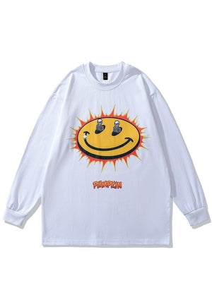 Emoji t-shirt punk smile long tee retro skeleton top white