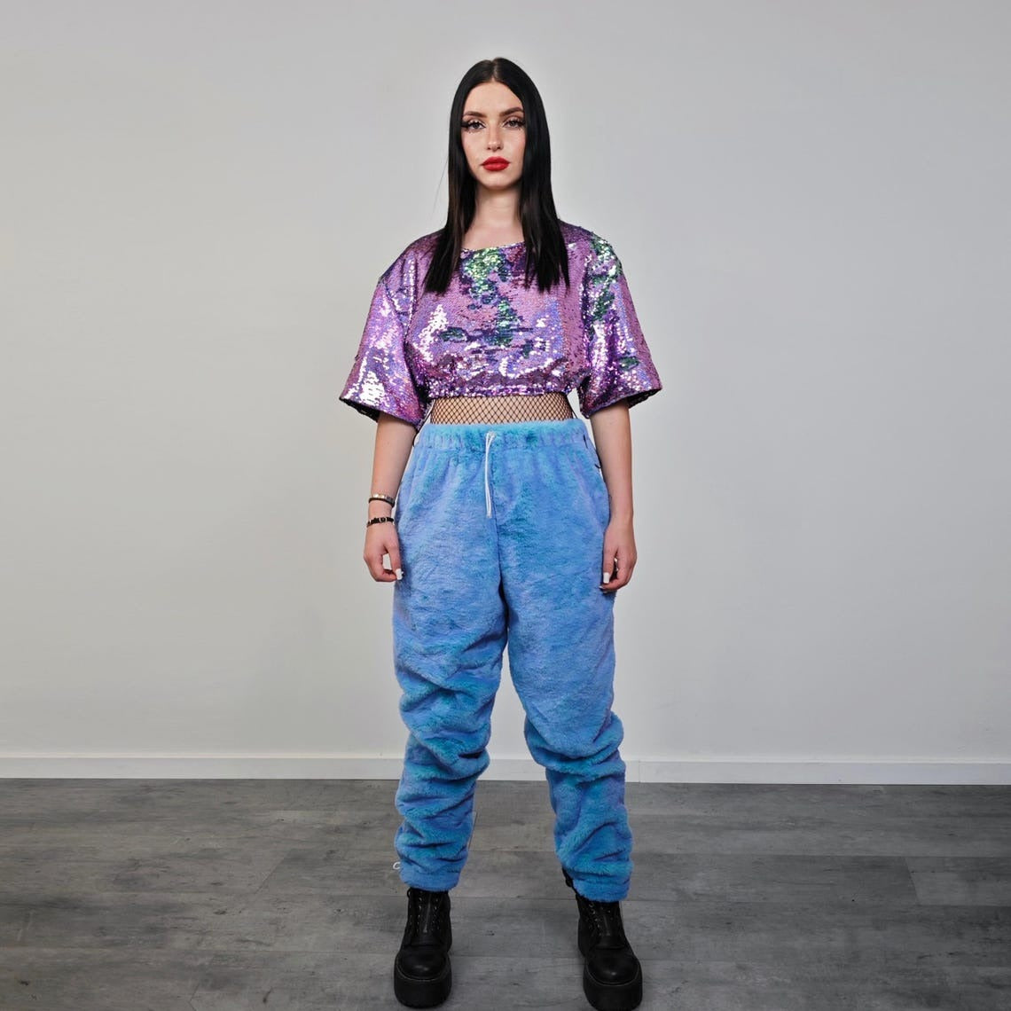 Chameleon faux fur jacket blue luminous fleece color changing bomber psychedelic pullover detachable sleeves handmade rave festival overcoat