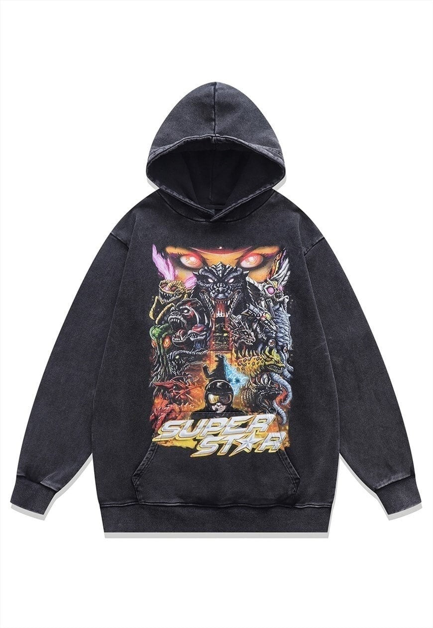 Monsters print hoodie vintage wash pullover movie jumper